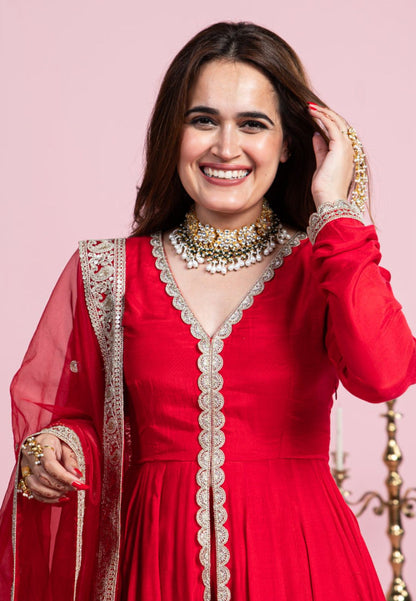 PARVATHI RADIANT RED COTTON SILK ANARKALI SUIT SET