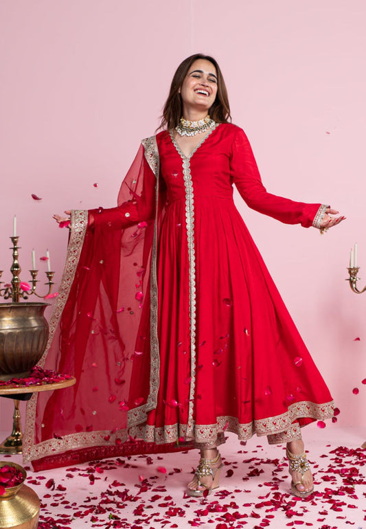 PARVATHI RADIANT RED COTTON SILK ANARKALI SUIT SET