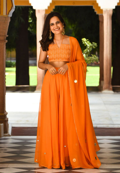 ORANGE HALTER NECK GEORGETTE COORD SET