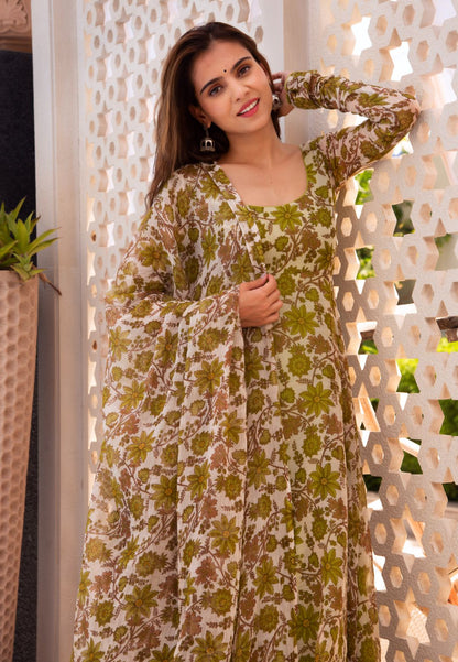 GREEN FLORAL CHIFFON ANARKALI SUIT SET