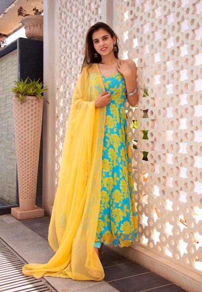 BLUE FLORAL CHIFFON ANARKALI SUIT SET
