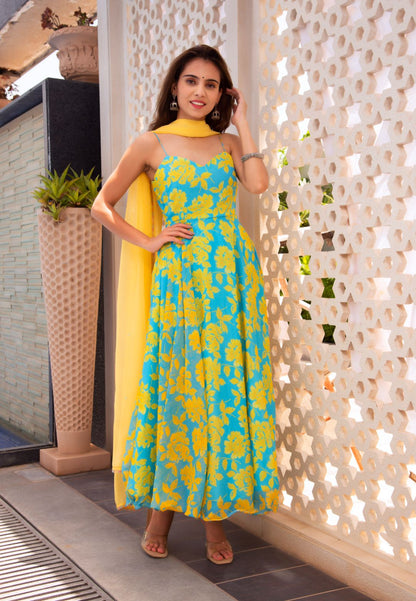 BLUE FLORAL CHIFFON ANARKALI SUIT SET