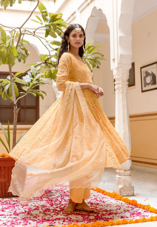 DAMINI YELLOW GEORGETTE MIRROR ANARKALI SET