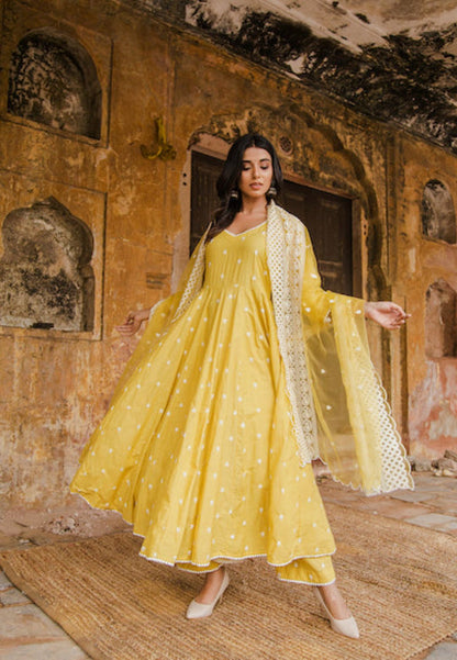 PURE COTTON HAIRAT YELLOW ANARKALI SUIT SET