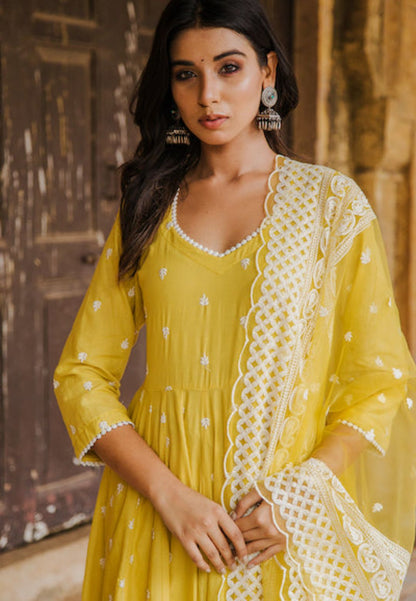 PURE COTTON HAIRAT YELLOW ANARKALI SUIT SET