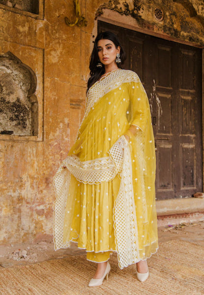 PURE COTTON HAIRAT YELLOW ANARKALI SUIT SET