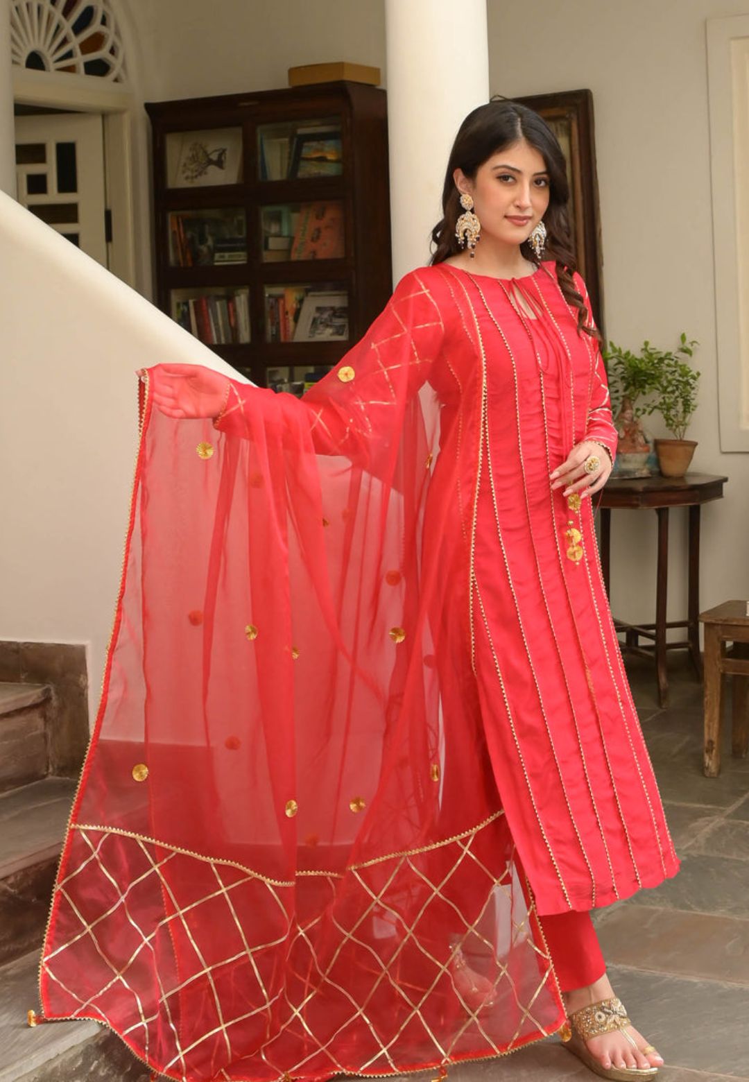 SHUBH RED COTTON SILK SUIT SET