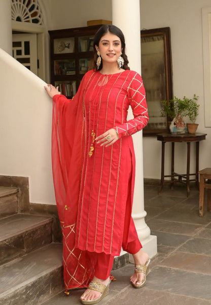 SHUBH RED COTTON SILK SUIT SET