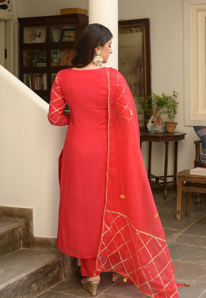 SHUBH RED COTTON SILK SUIT SET