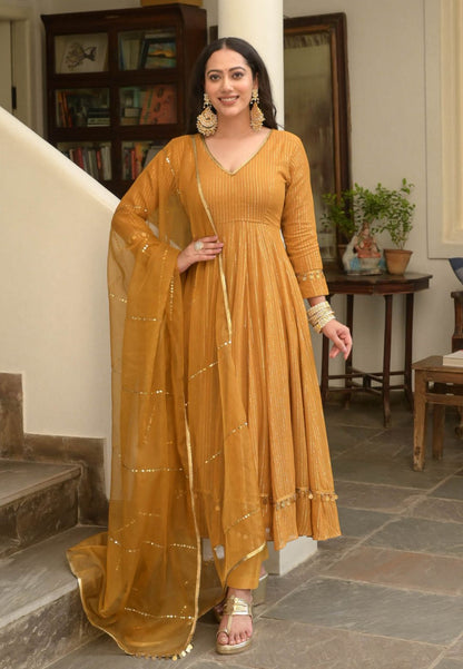 MUSTARD BROWN LUREX ANARKALI SUIT SET