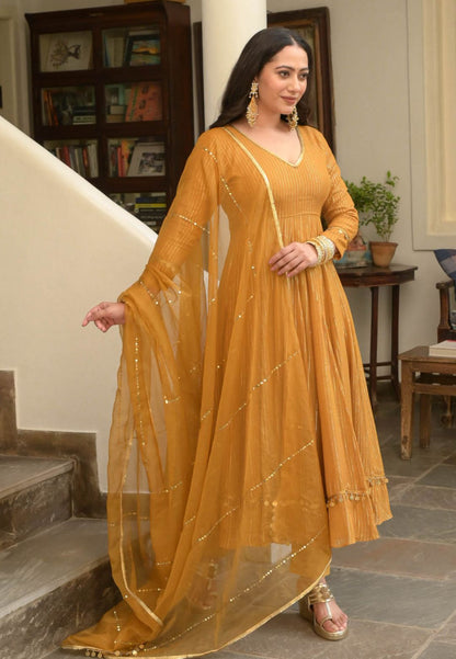 MUSTARD BROWN LUREX ANARKALI SUIT SET