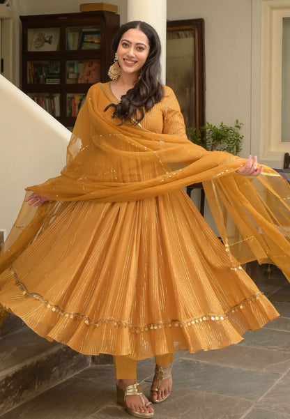 MUSTARD BROWN LUREX ANARKALI SUIT SET