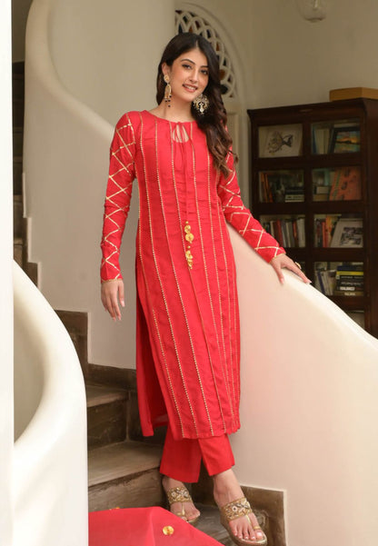 SHUBH RED COTTON SILK SUIT SET