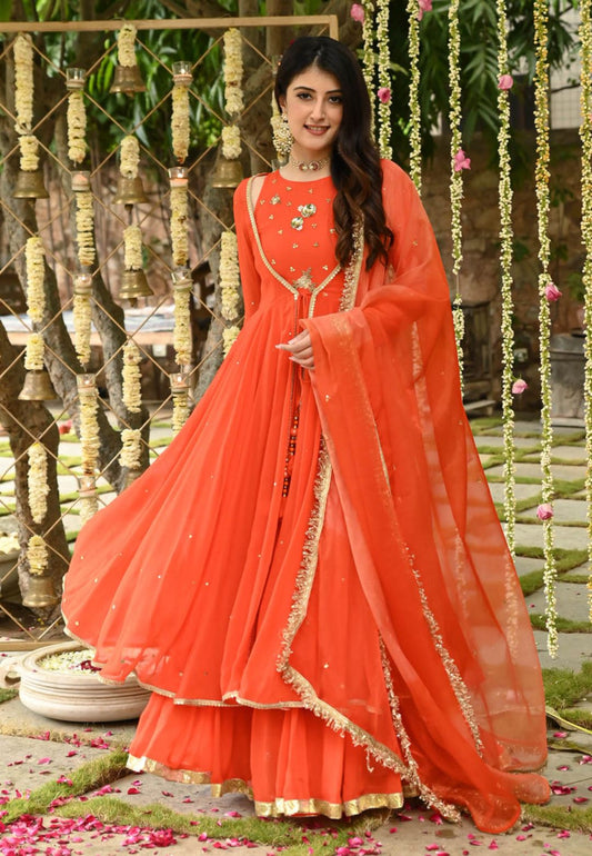 KESARI ORANGE GEORGETTE CUTDANA ANARKALI SUIT SET