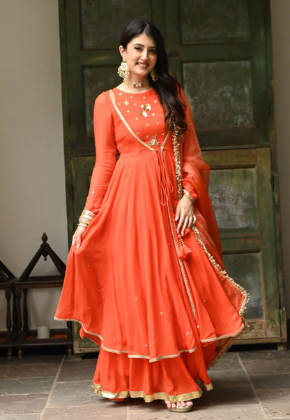 KESARI ORANGE GEORGETTE CUTDANA ANARKALI SUIT SET