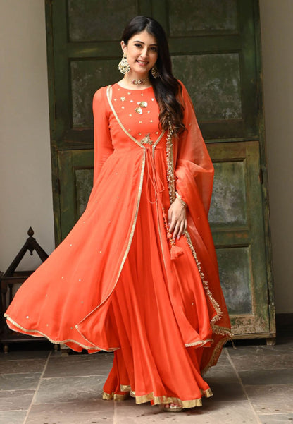 KESARI ORANGE GEORGETTE CUTDANA ANARKALI SUIT SET