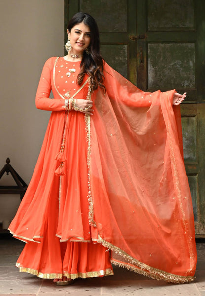 KESARI ORANGE GEORGETTE CUTDANA ANARKALI SUIT SET