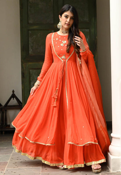 KESARI ORANGE GEORGETTE CUTDANA ANARKALI SUIT SET