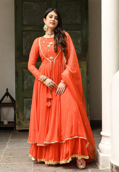 KESARI ORANGE GEORGETTE CUTDANA ANARKALI SUIT SET