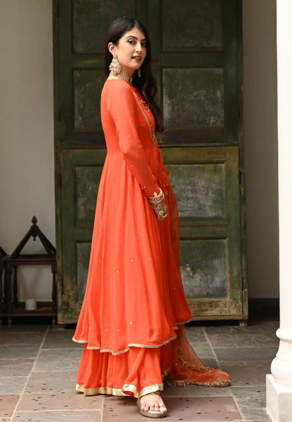 KESARI ORANGE GEORGETTE CUTDANA ANARKALI SUIT SET