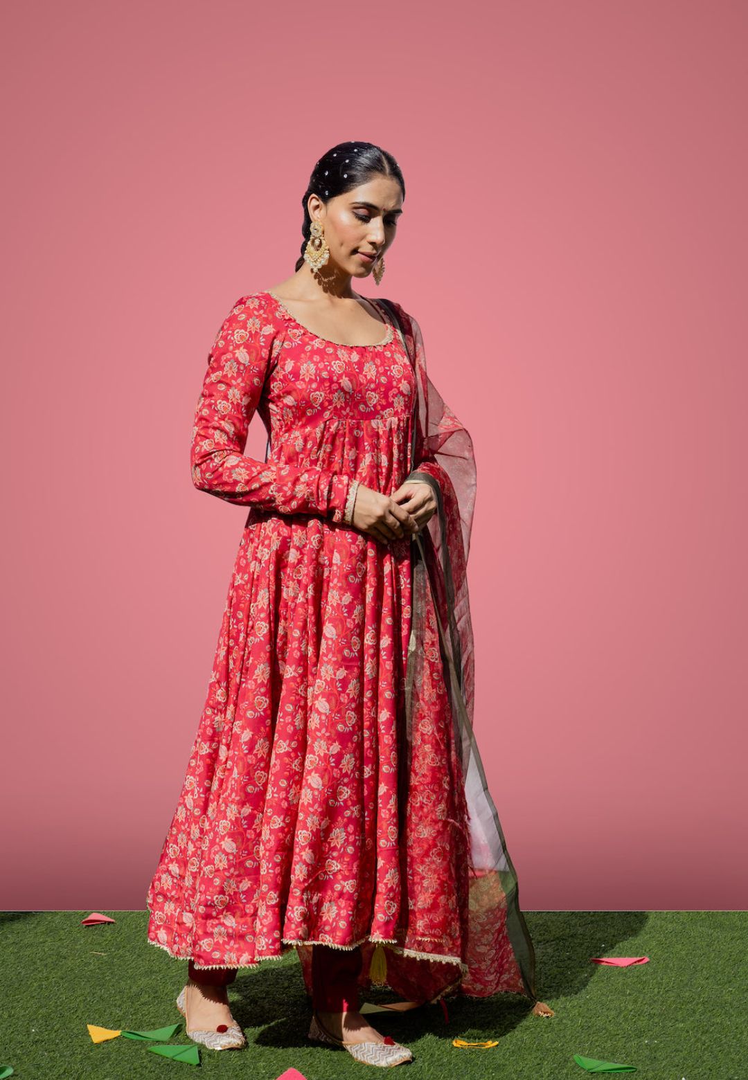 RED MEFIL ANARKALI COTTON SILKSUIT SET