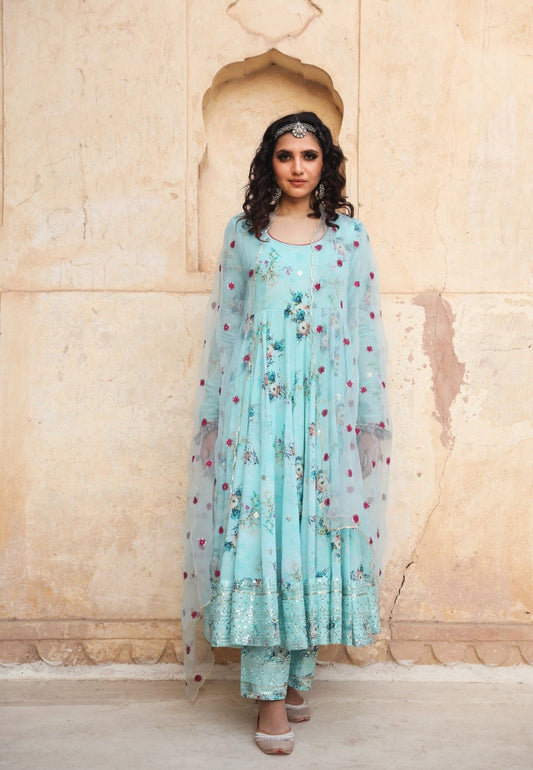 BLUE GUL PURE COTTON ANARKALI SUIT SET