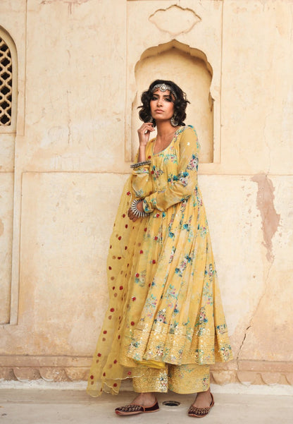 YELLOW GUL PURE COTTON ANARKALI SUIT SET