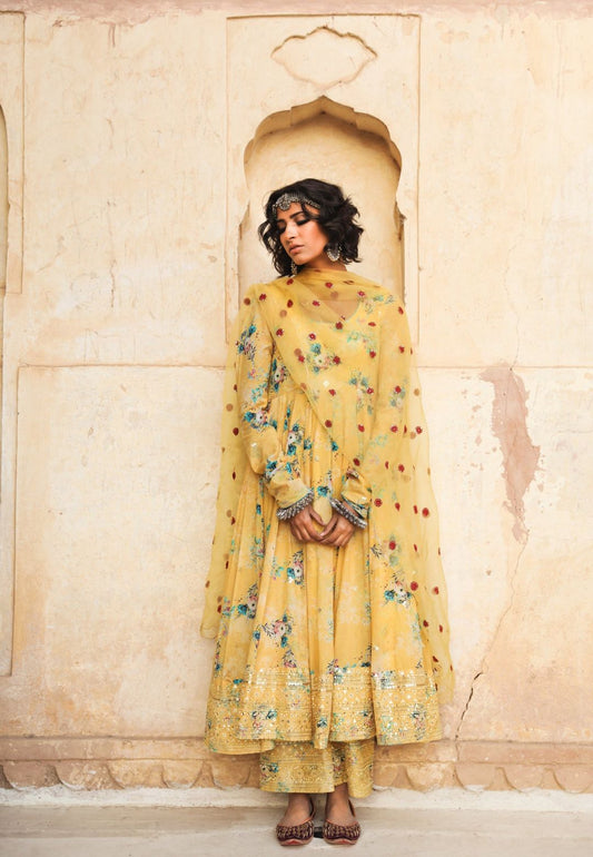 YELLOW GUL PURE COTTON ANARKALI SUIT SET