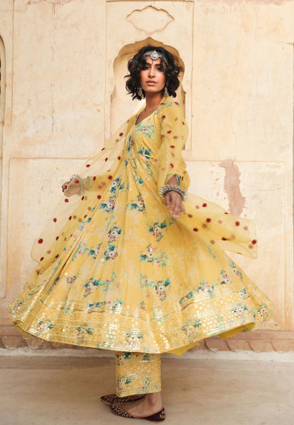 YELLOW GUL PURE COTTON ANARKALI SUIT SET