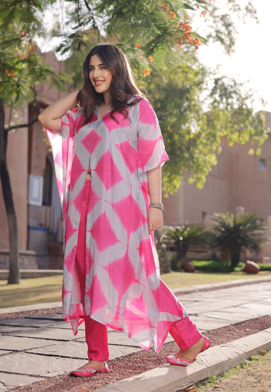 GREY PINK SILK TIE & DYE KURTA SET