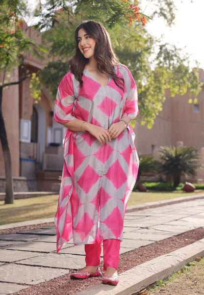 GREY PINK SILK TIE & DYE KURTA SET