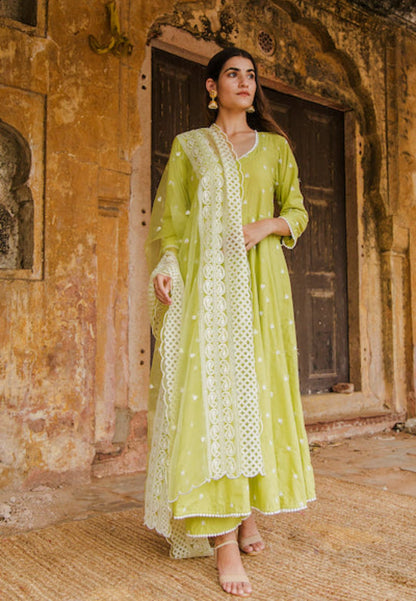 PURE COTTON HAIRAT GREEN ANARKALI SUIT SET