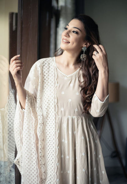 PURE COTTON HAIRAT GREY ANARKALI SUIT SET