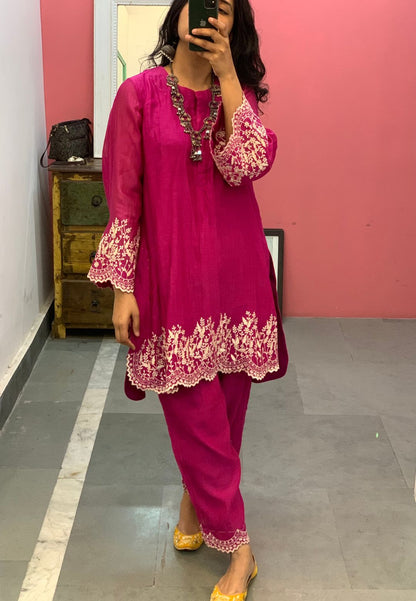 CHANDERI PINK EMBROIDERED KURTA SET