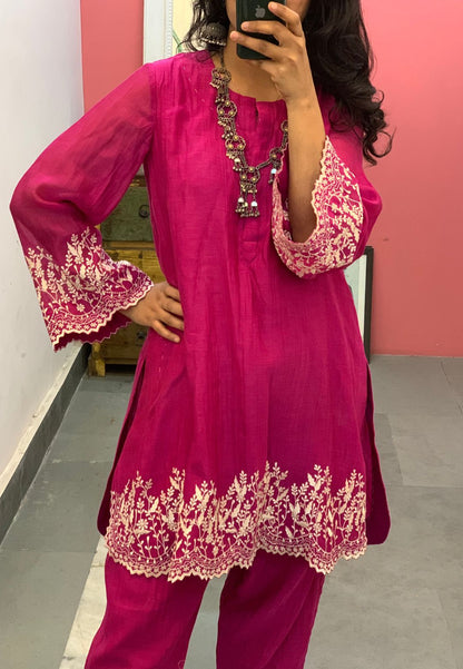 CHANDERI PINK EMBROIDERED KURTA SET