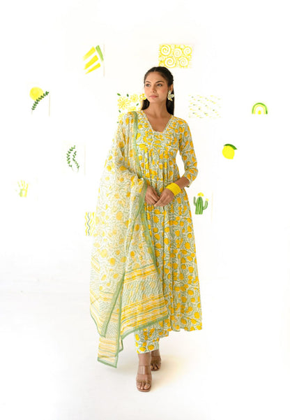 LEMON YELLOW COTTON ANARKALI SUIT SET