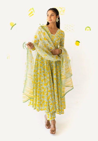 LEMON YELLOW COTTON ANARKALI SUIT SET