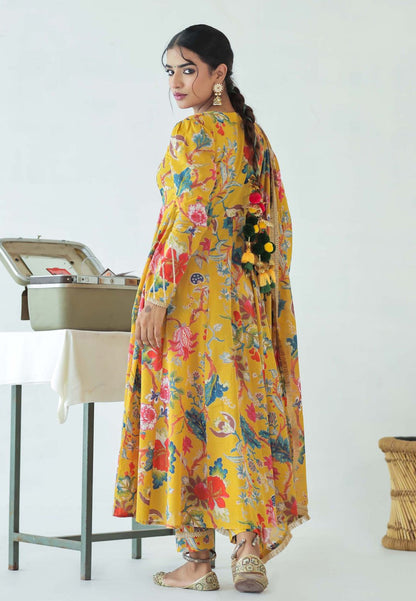 YELLOW GOTA MULMUL FLORAL ANARKALI SUIT SET