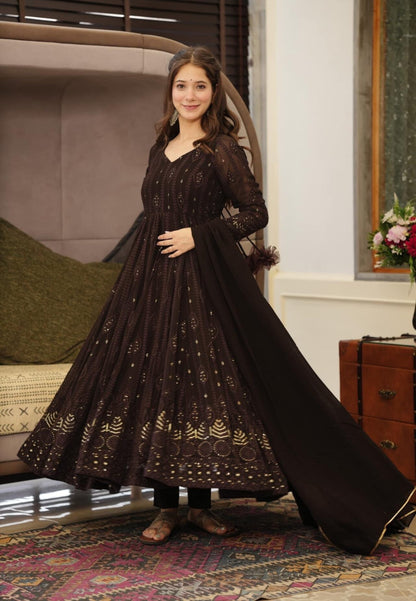 DEEP BROWN GEORGETTE ANARKALI SUIT SET