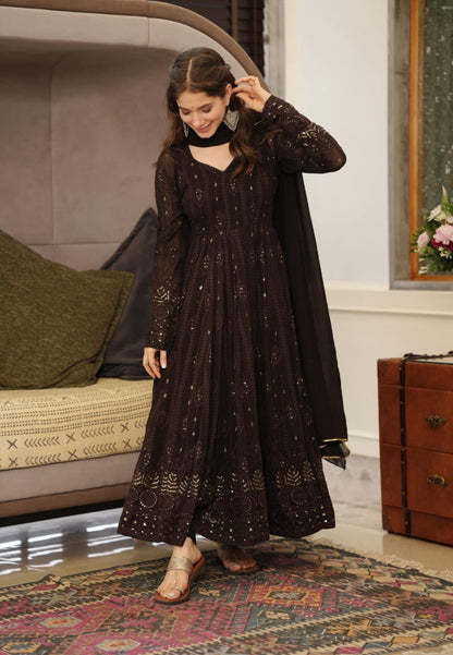 DEEP BROWN GEORGETTE ANARKALI SUIT SET