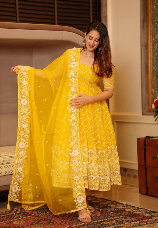 YELLOW NEELAM ORGANZA SUIT SET