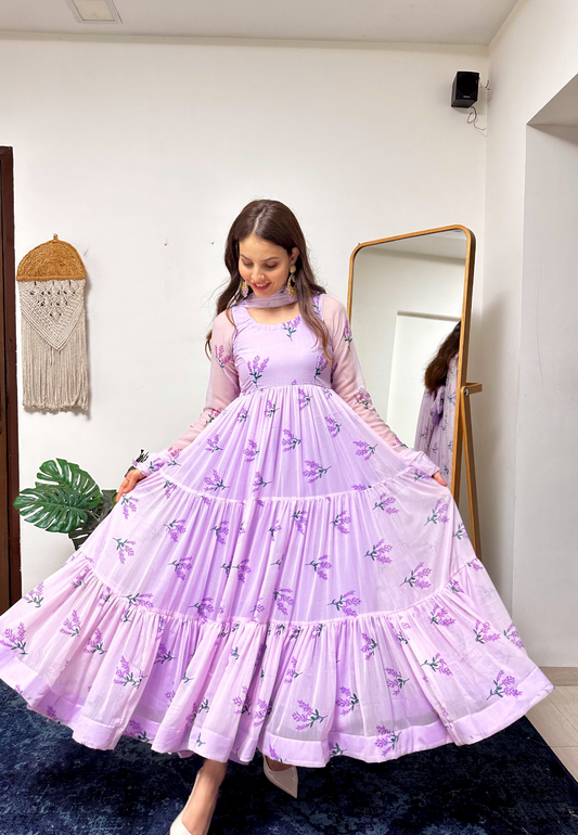 LAVENDAR PURPLE FLORAL CHIFFON ANARKALI SUIT SET