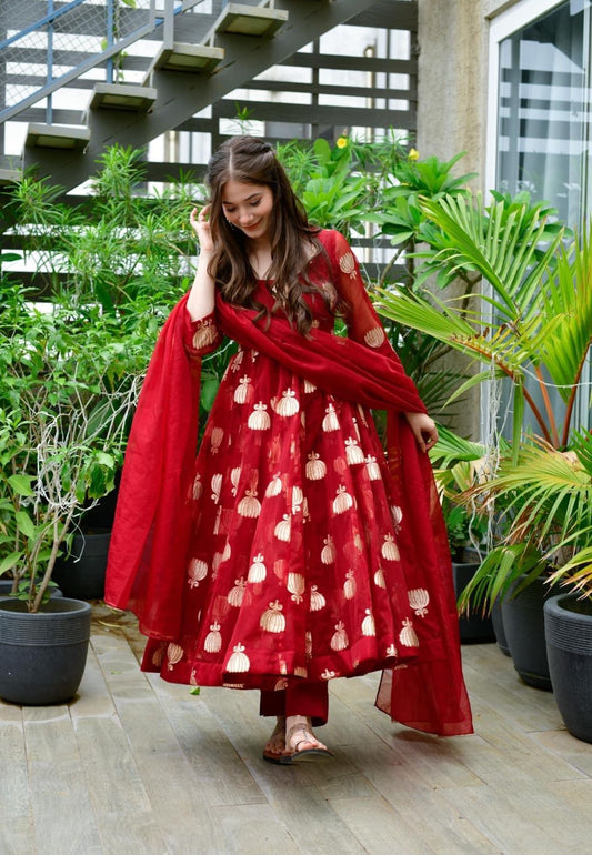 MAROON RED ORGANZA SUIT SET
