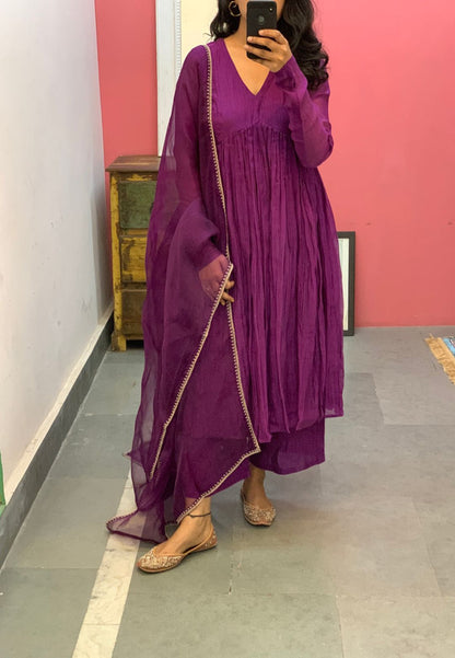 PURPLE PINK EMBROIDERED CHANDERI ANARKALI SUIT SET
