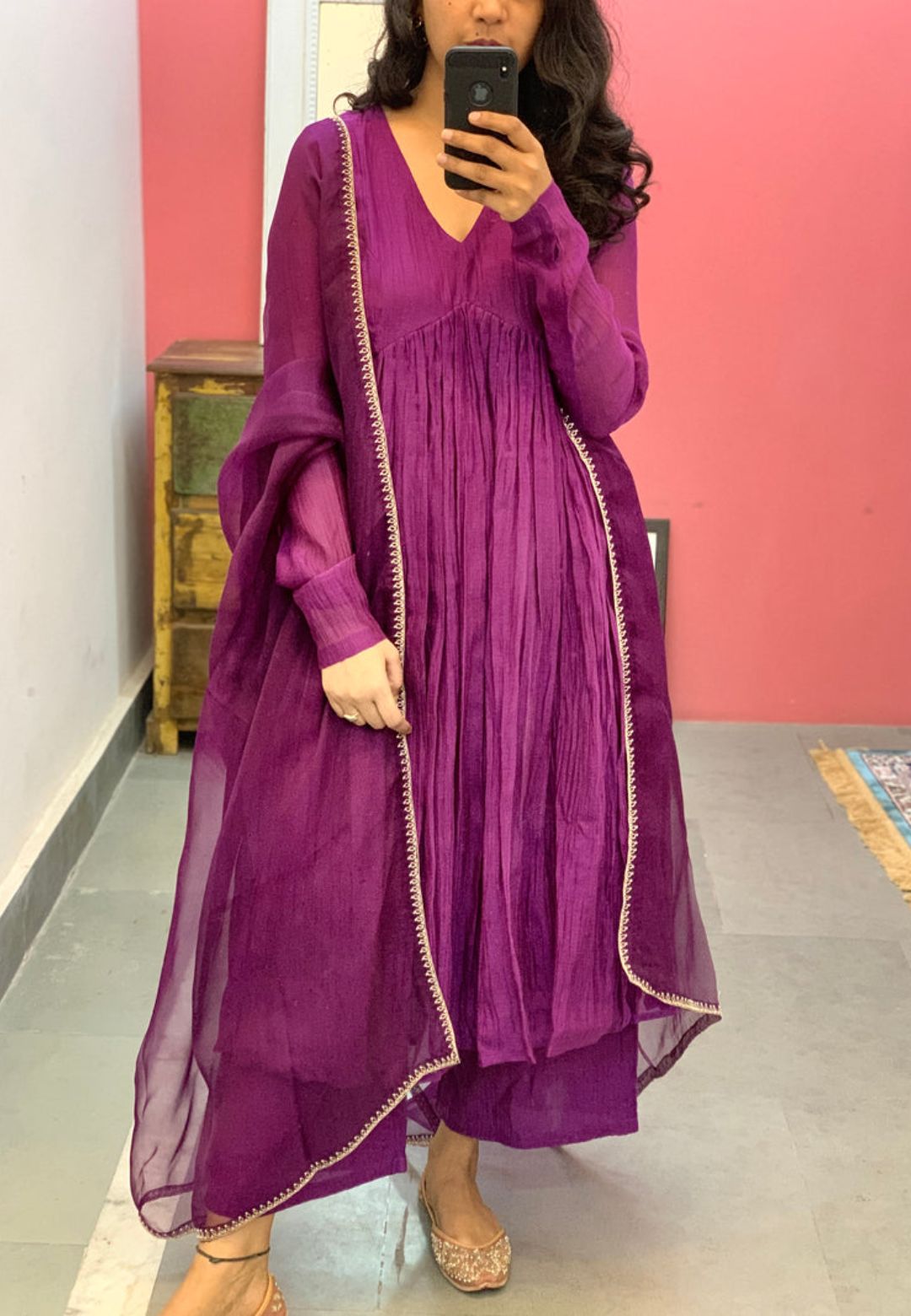 PURPLE PINK EMBROIDERED CHANDERI ANARKALI SUIT SET