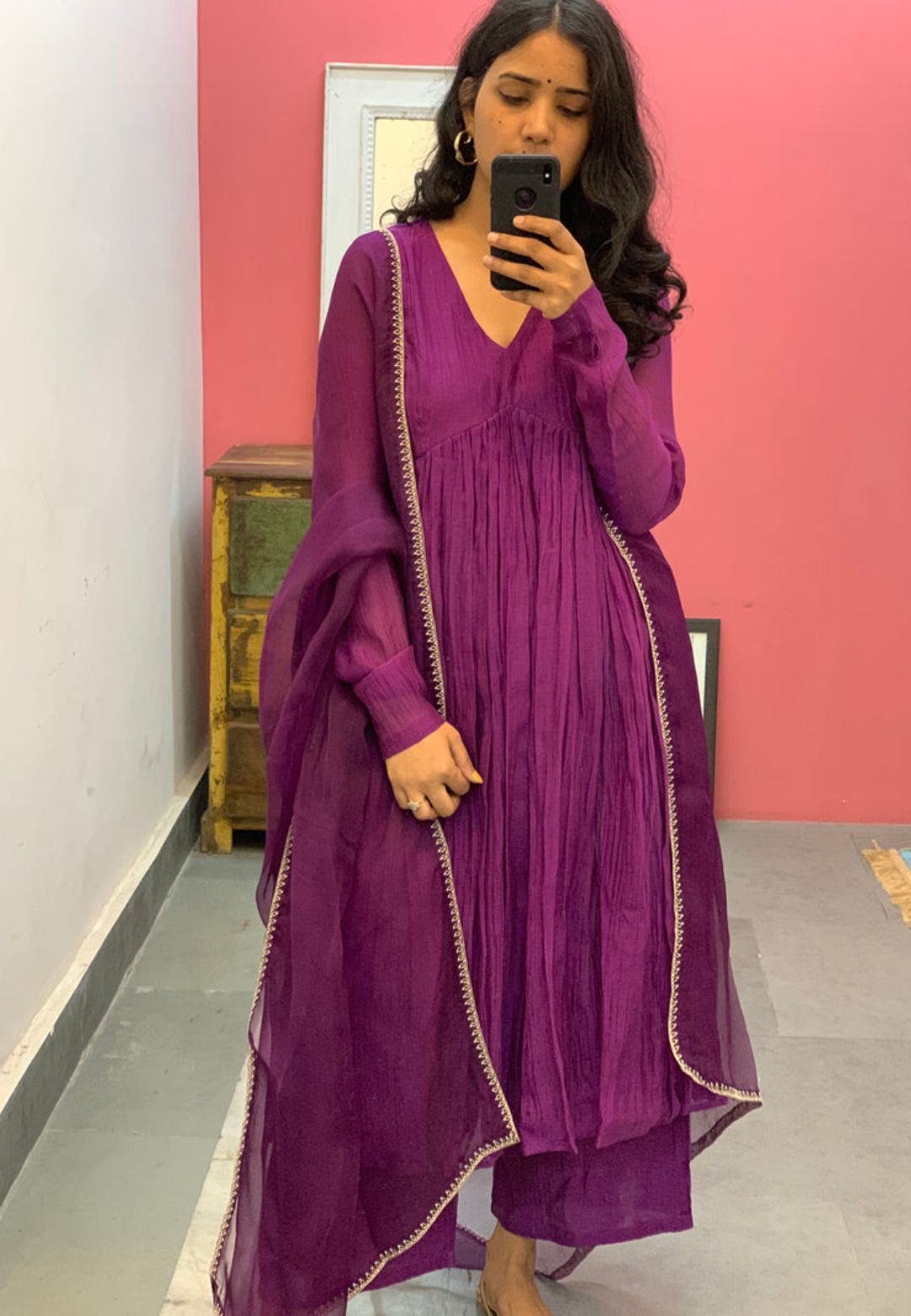 PURPLE PINK EMBROIDERED CHANDERI ANARKALI SUIT SET