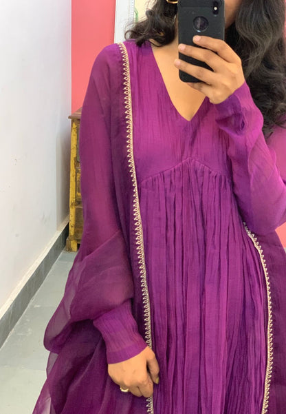 PURPLE PINK EMBROIDERED CHANDERI ANARKALI SUIT SET