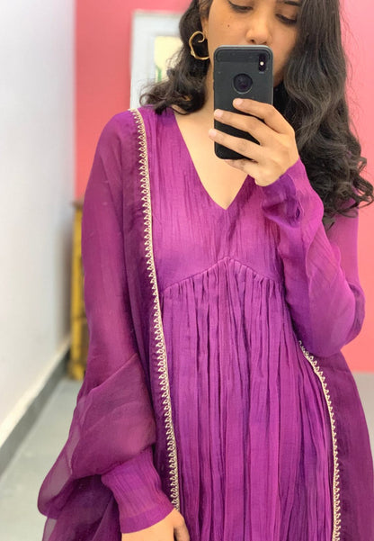 PURPLE PINK EMBROIDERED CHANDERI ANARKALI SUIT SET