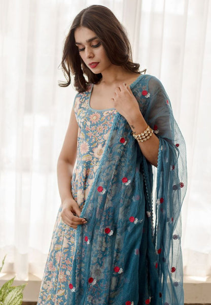 BLUE KUSHA COTTON ANARKALI SUIT SET