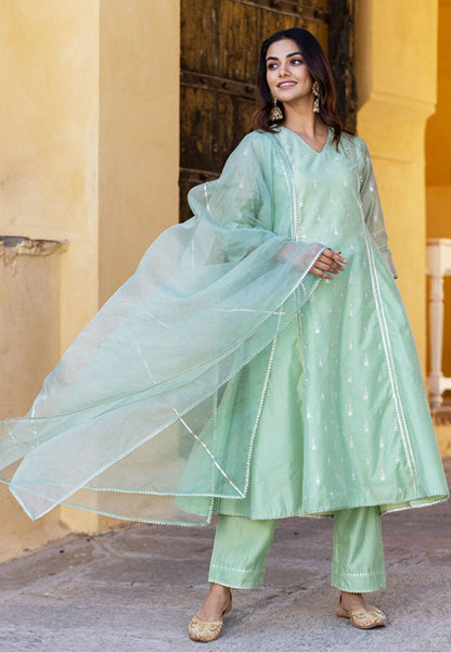 CHANDERI GREEN STRAIGHT SUIT SET